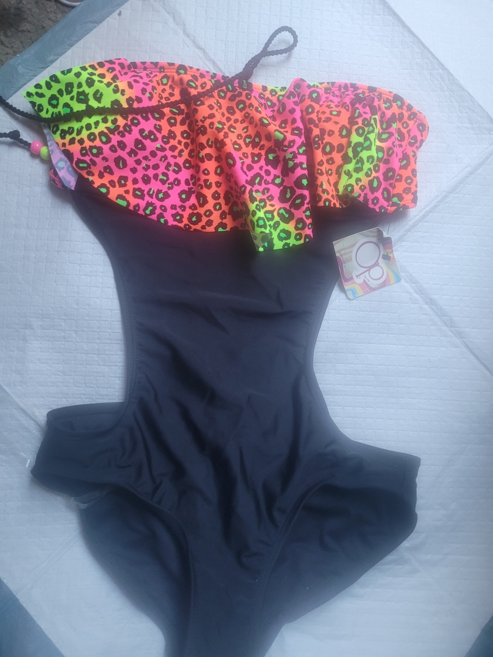 Black One-Piece Swimsuit with Neon Leopard Ruffle